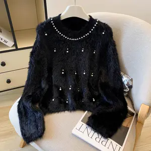 2025 Black Cropped Pearl Sweater Women Long Sleeve White Knitted Pullovers Elegant Korean Pink Winter Chic Jumpers winter