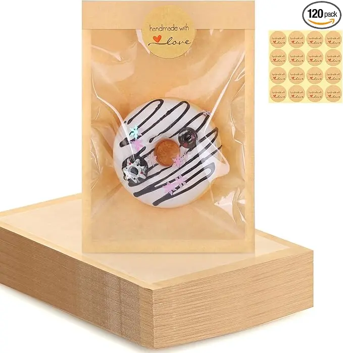 120 Pack Cookie Bags with Seal, 5.1x7.5 Inch Cookie Packaging Bags, Bakery Bag with Window, Heat Sealable Grease Resistant Bag for Donuts Sandwich Valentines Easter Mother's Day Party