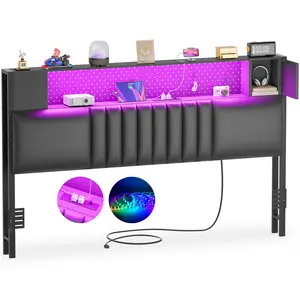 Cyclysio Upholstered Headboard for Queen Size Bed Frame with Storage Shelf, Headboards with Outlets and RGB LED Light, Comfortable Head Board, Modern, Sturdy and Stable, Easy Assembly