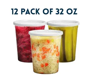 Line Cook Quart Containers 12 Pack of 32 oz Clear Plastic Soup Food Storage with Lids Microwave Safe Dishwasher Friendly