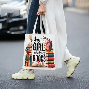 Just a Girl Who Loves Books Canvas Tote Bag for Book Lovers Literary Inspired Shoulder Bag with Book Stack and Lightbulb Print Eco Friendly Totes Eco Friendly Reusable Shopping Bag Perfect Gift for Readers Students an