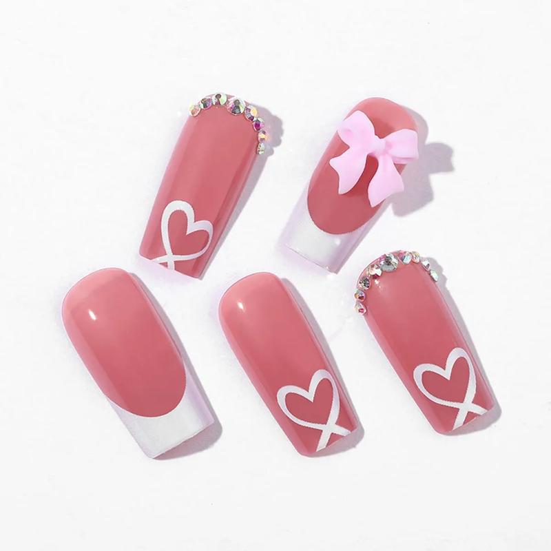 French Tip Press on Nails with Charms Medium Fake Nails White French Nails Press ons Cute Bow Stick on Nails Long Square Shape Acrylic Nails Heart Nails Rhinestones Nails for Women Daily Wear