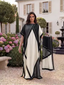 Elegant Geometric Print Shawl Set, Fitted Long Robe with Headscarf, Sun Protection Silk Scarf, Beachwear for Women, All Seasons, Swimsuit Coverup