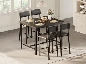 Dining Table Set for 4 w/Counter Height Table & 4 Upholstered Bar Stools, 5-Piece Kitchen Table Set with Footrest & Corner Protector, for Kitchen Room, Apartment