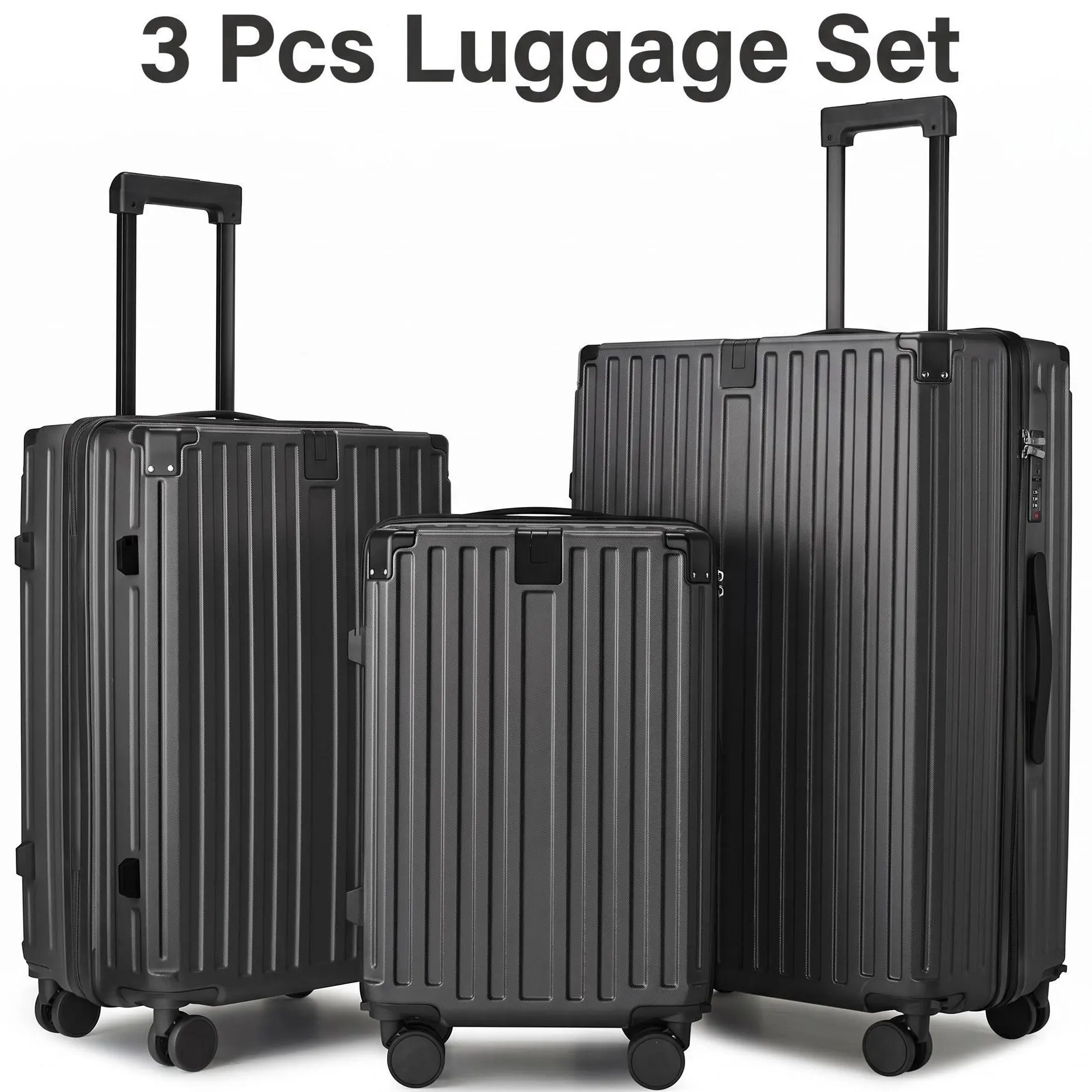 3-piece stylish hard shell luggage with hook cup holder 20/24/28 inch PC ABS carry on luggage, silent rotating wheel USB combination lock carbon gray