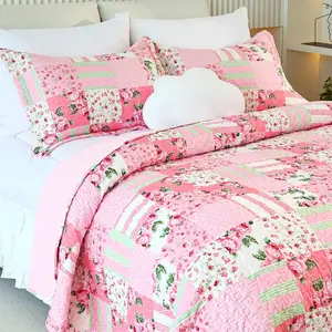 Floral Bedspread with 2 Pillow Shams-King Size,Patchwork Pink Set 3 Piece,Summer for Girls,Lightweight Reversible Bed Coverlet for All(King106 x96 Pink)