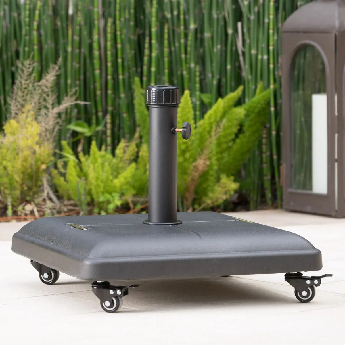 19.60"L*19.60"W*16.30"H Black 84.88LBS Heavy‑Duty Concrete Umbrella Base, Mobile Universal Wheels Iron Holder with Adjustment Knob for 38‑48mm Poles, Max 11FT Patio Umbrella
