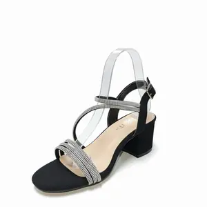 Women Block Heel Sandals Rhinestone Strap White