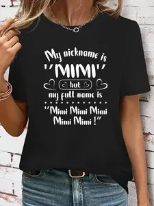 Women's casual crew-neck T-shirt with "Mimi" letters, short-sleeved regular top for all seasons