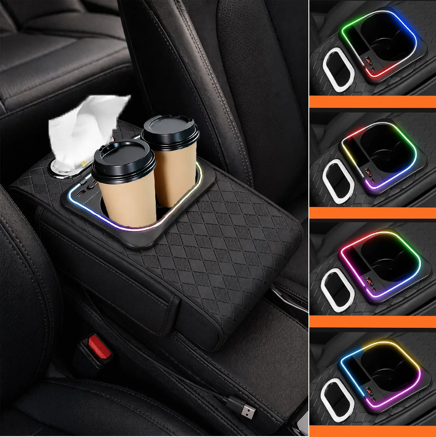 Multifunctional LED Ambient Light Car Armrest Cushion, 4-in-1 Center Console Arm Rest Cover with Tissue Box, Cup Holders, Type C and USB Charger and Side Storage Bags for Cars
