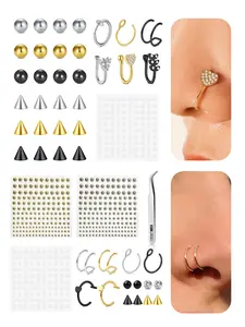 Fake Nose Ring Fake Eyebrow Ring Faux Lip Piercing Replacement Balls Spike Earring Cuffs Small Earring Hoop Stick on Fake Piercing Non-Piercing Body Jewelry Adhesive Face Jewelry Septum Clicker Hinged Nose Hoop Spiral Nose Ring