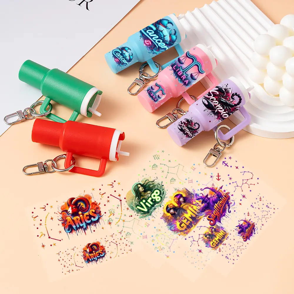 Zodiac Tumbler Key Chain Holder Set, 26-Piece Cute Mini Cup Keychain Collection with 12 Stickers for Bag Charms, The Zodiac, 26 Pieces, Everyday, Multipack, Plastic, Zodiac 1