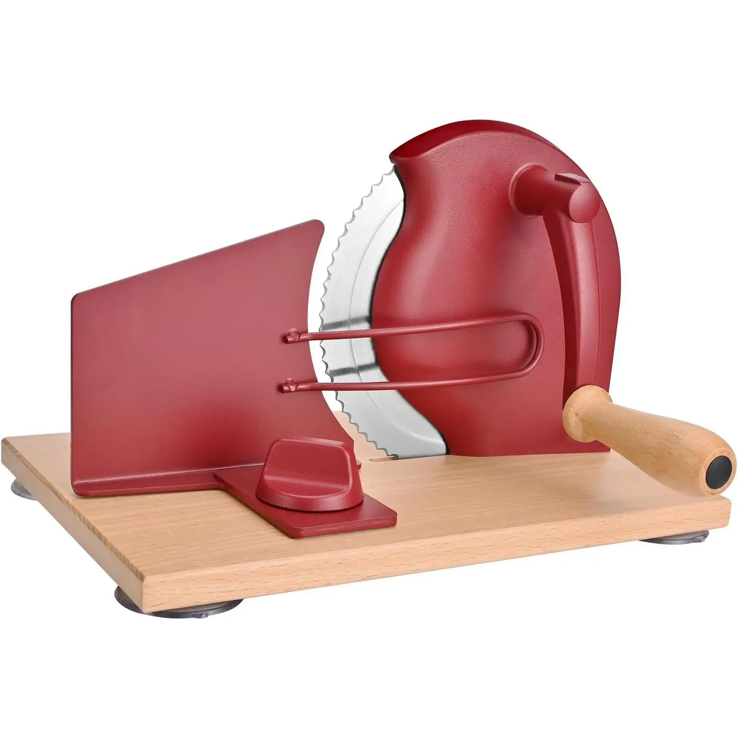 Manual Bread Slicer with Hand Crank, Classic Home Bread Slicer for Homemade Sourdough, Rotary Slicer with Adjustable Thickness,  Stainless Steel &  Suction Cups (Red)