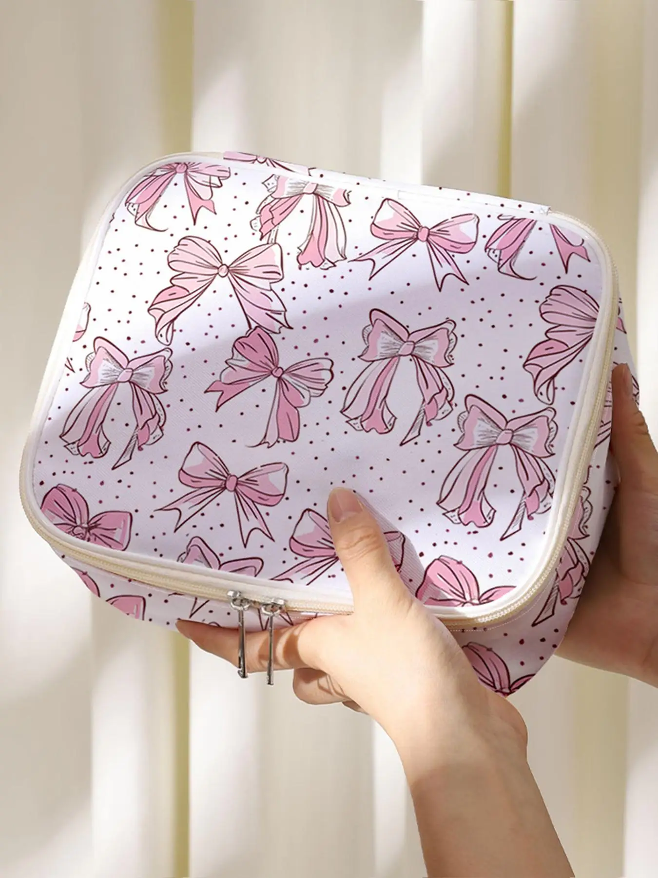 Bow Print Portable Makeup Bag, Large Capacity Cosmetics Storage Box, Portable Travel Cosmetics Storage Bag, Casual Fashion Storage Box with Zipper Clo