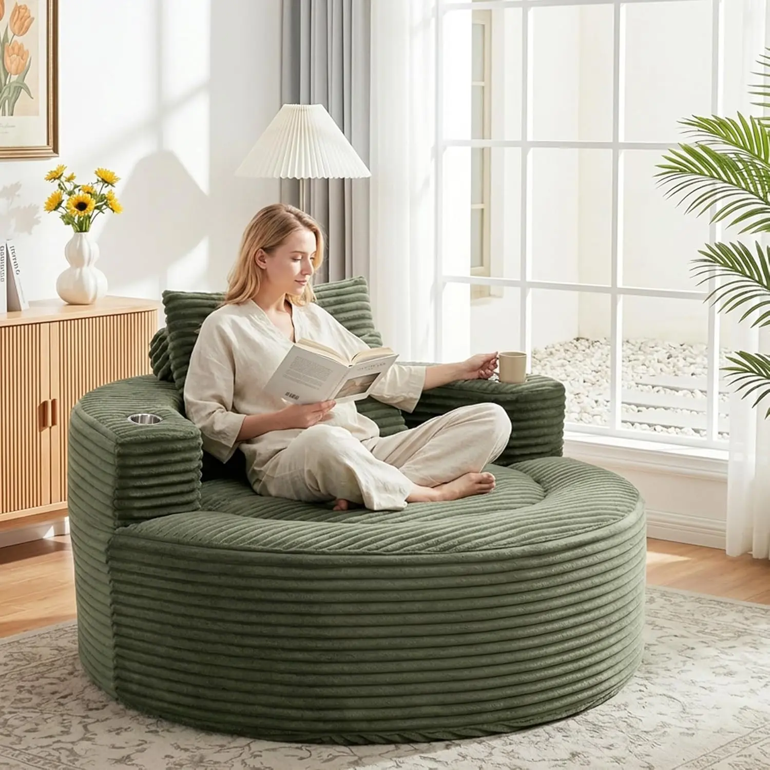 Oversized Round Chaise Lounge Chair Indoor with Stainless Steel Cup Holders, 55.5" Modern Upholstered Corduroy Cloud Chair, Deep Seat Circle Floor Sofa for Living Room, Bedroom, No Assembly (Green)