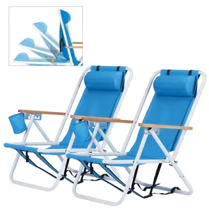 Folding Beach Chair Set of 2 for Adults,4 Position Portable Backpack Foldable Camping Chair with Headrest Cup Holder and Wooden Armrests,Adjustable high Beach Lounge Chairs for Outdoor (2PcsBlue) double