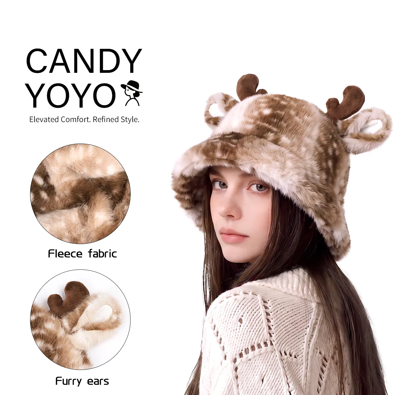 Original design plush reindeer hat, female fleece animal hat, suitable for holiday parties, role-playing activities, theme photos, holiday wear, winter fashion content and interesting daily accessories.
