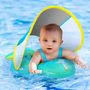 Baby Pool Float with Canopy UPF50+ Sun Protection Inflatable Baby Float with Sponge Safety Support Bottom Fun Gifts Water Toys Accessories Baby Swim Floats for Pool 3-36 Months