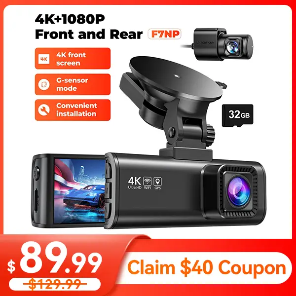 REDTIGER F7NP 4K Front Rear Dash Cam with Double-4 Fuses Free 32GB Card 3.16" IPS Screen Night Vision 170° Wide Angle WDR GPS DVR for Auto Vehicle