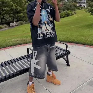 Streetwear Denim Shorts Y2K Patchwork Design Hip HopGrunge Style Raw Hem Baggy Jeans