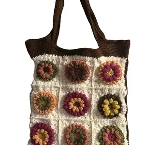 Meadow Flowers Tote - Brown Fabric with Floral Embroidery, Ideal for Everyday Use