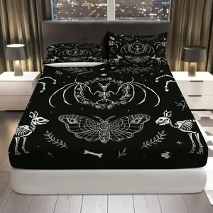 3Pcs Gothic Skeleton Halloween Fitted sheet Three Piece Set (1*Fitted Sheet+2*Pillowcases, Coreless), Halloween theme, Gothic Skeleton Bedding Set, Mattress protector Soft, Breathable