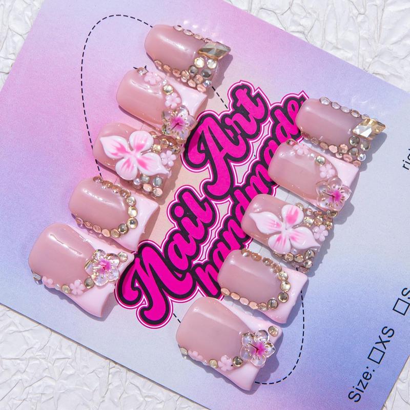 Delicate Y2K-Style Duckbill Nail Tips with Handmade Rhinestones and Heart Design, Nail Art Diy, Perfect Gift for Women