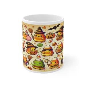 Candy Corn Creatures Halloween Mug Ceramic Spooky Coffee Cup Drinkware Tumbler Beverage Reuse Reusable Washable colorful