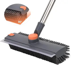 Long Handle Floor Brush - 360° Rotating Head, Push Brush for Household Use with Squeegee & Right-Angle Bristles, for Cleaning Concrete Floors, Grout, Garden, Patio, Deck, Garage, Heavy Duty bathroom scrubber