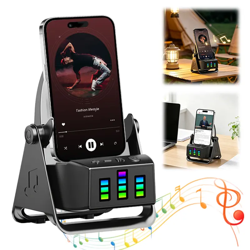 Compact Wireless Bluetooth Speaker with Adjustable Phone Holder, Smart Sensing, Colorful Atmosphere Light, 9D HD Surround Sound Audio, Compatible with Smartphone & Other Devices (iPhone, Android Supported), Stereo
