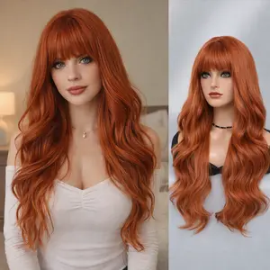 Aksice Orange Wigs with Bangs Long curly wavy Wig for Women Long Orange Wavy Wig Wear and Go Natural Synthetic Wigs for Daily Party Use 26 Inch