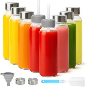 Glass Water Bottles with Lids & Straw 16 oz, 8 Pack Reusable Juice Bottles With Stainless Steel Cap for Juicing, Leak Proof Clear Smoothie Drinking Jars Beverages Containers, BPA Free
