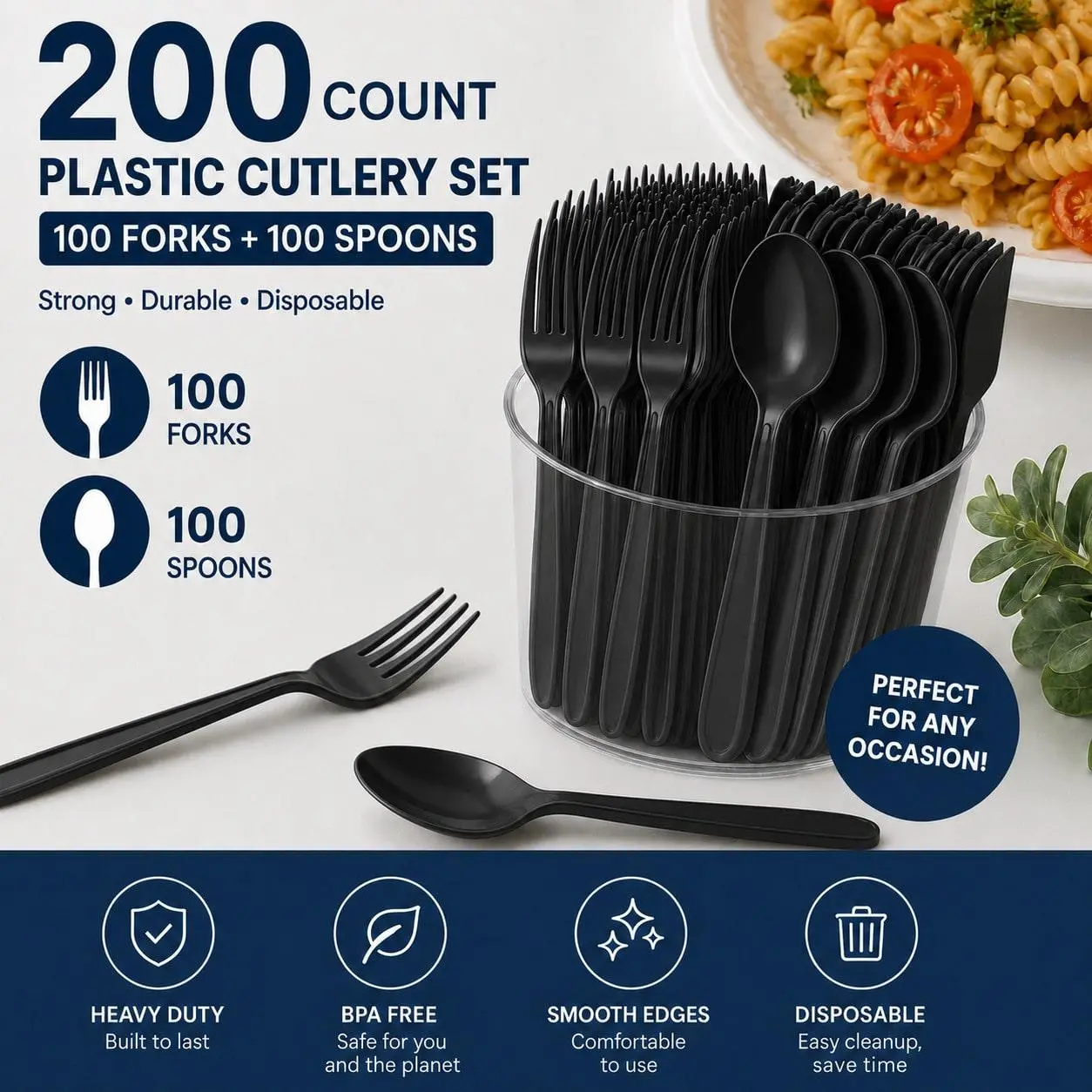 Thick Break Resistant Disposable Plastic Cutlery Set 200 Count 100 Forks 100 Spoons Black  Heavy Duty Utensils For Party Wedding Takeout