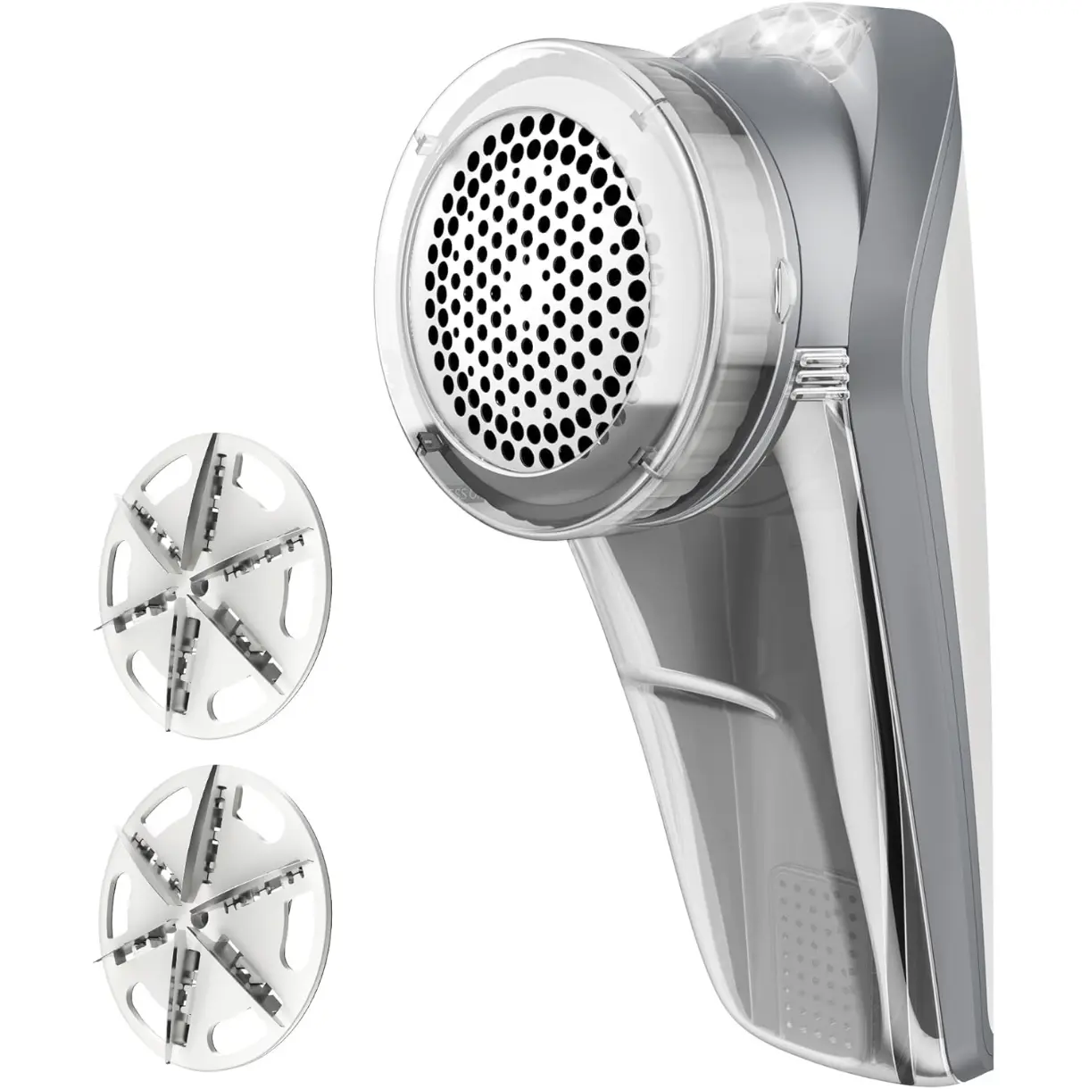 Fabric Shaver and Lint Remover, Battery Operated Portable Lint Shaver with LED Lights, 2 Replaceable 6-Leaf Blades, Cream/Gray