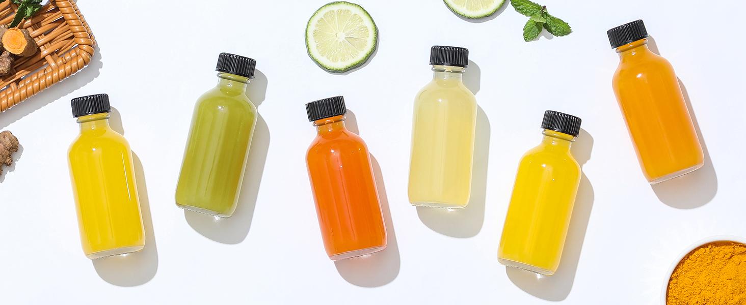 12 Pack, 2 oz Small Clear Glass Bottles w/Lid & 3 Funnels - 60ml Boston Shot Bottles for Health, Immunity, Potion, Wellness, Sample, Ginger, Juice - Mini Personal Care & Beauty Travel Bottle