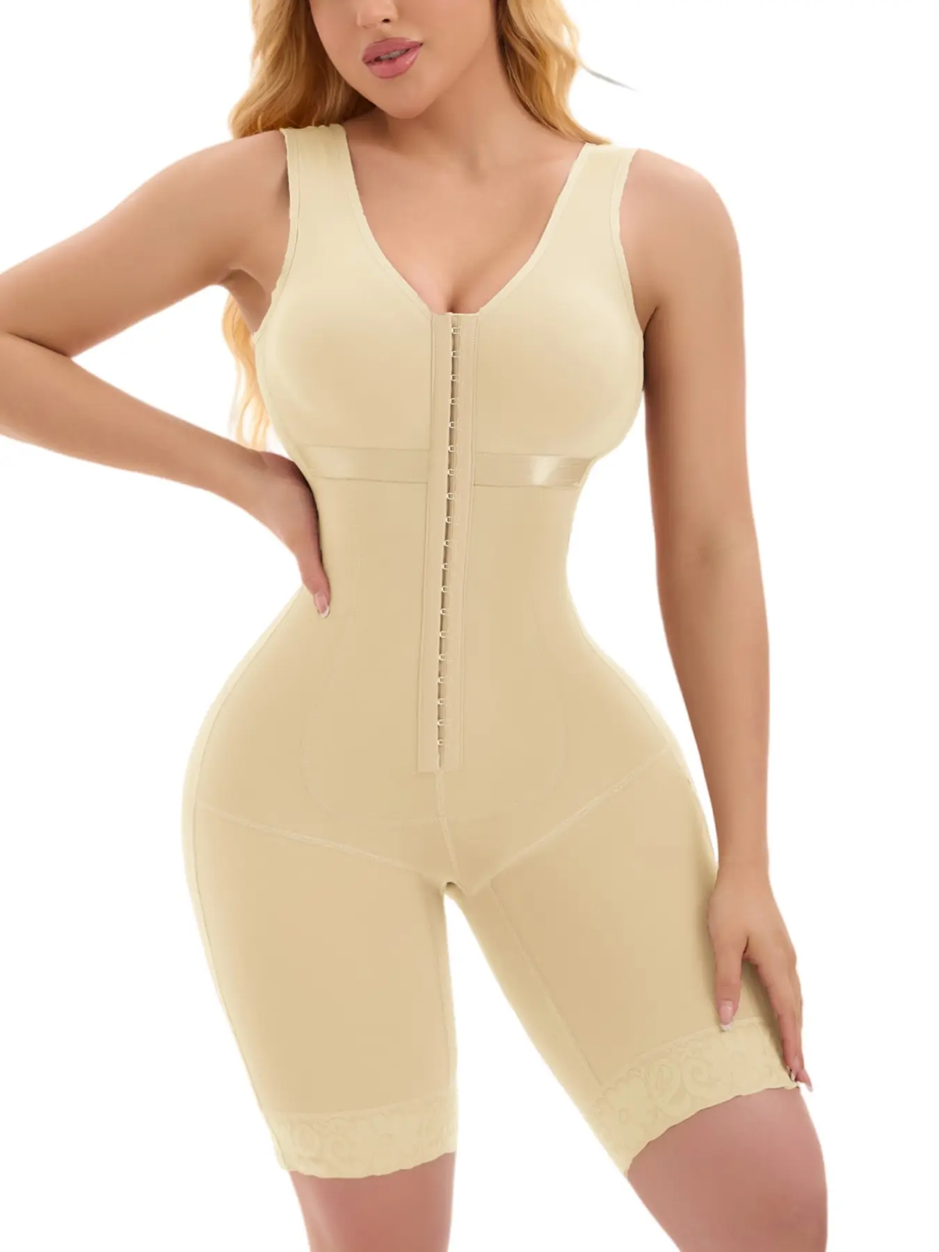 1 Count Women's European And American Bodysuit With Hooks For Tummy Control, Fajas, Colombian Shapewear, Bust Enhancement Firm Waist And Lift Buttocks Body Shaperwear, Featuring Sexy Lace Trim Jumpsuit, Suitable For Daily Or Party