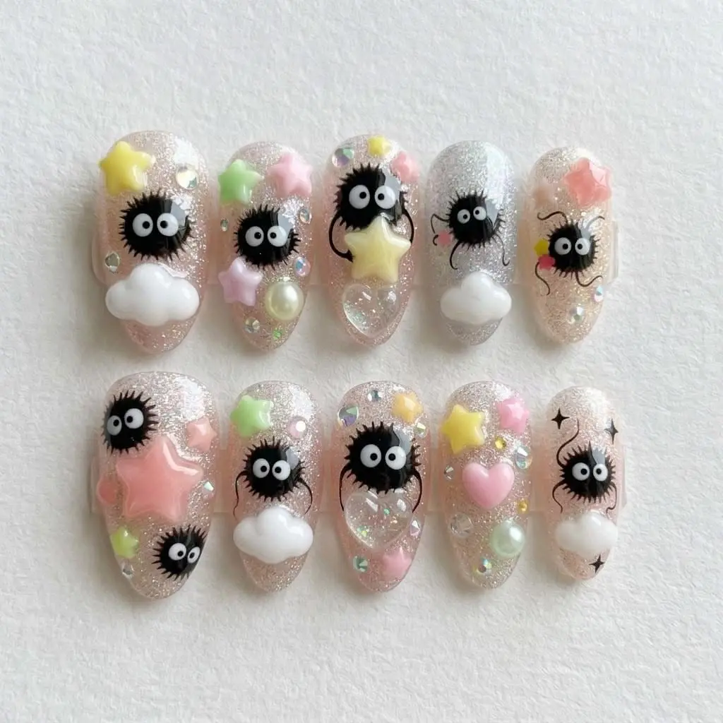 Studio AGhiblion Assooty Espriten Press On Nails | 3D Kawaii Pastel Anime Nail Art | Glitter Stars Clouds Handmade Reusable False Nails| FREE Adhesive Tabs  Nail File Cuticle Stick