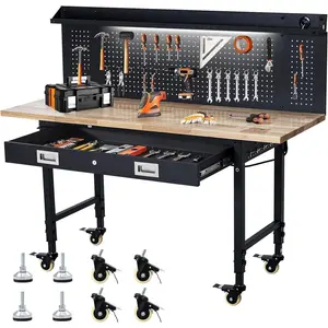 GARVEE 60" Heavy Duty Adjustable Workbench with Drawer Storage, Large Pegboard & Strip Light - 2000 LBS Capacity, 4 Swivel Wheels with Brake for Garage, Workshop, Home
