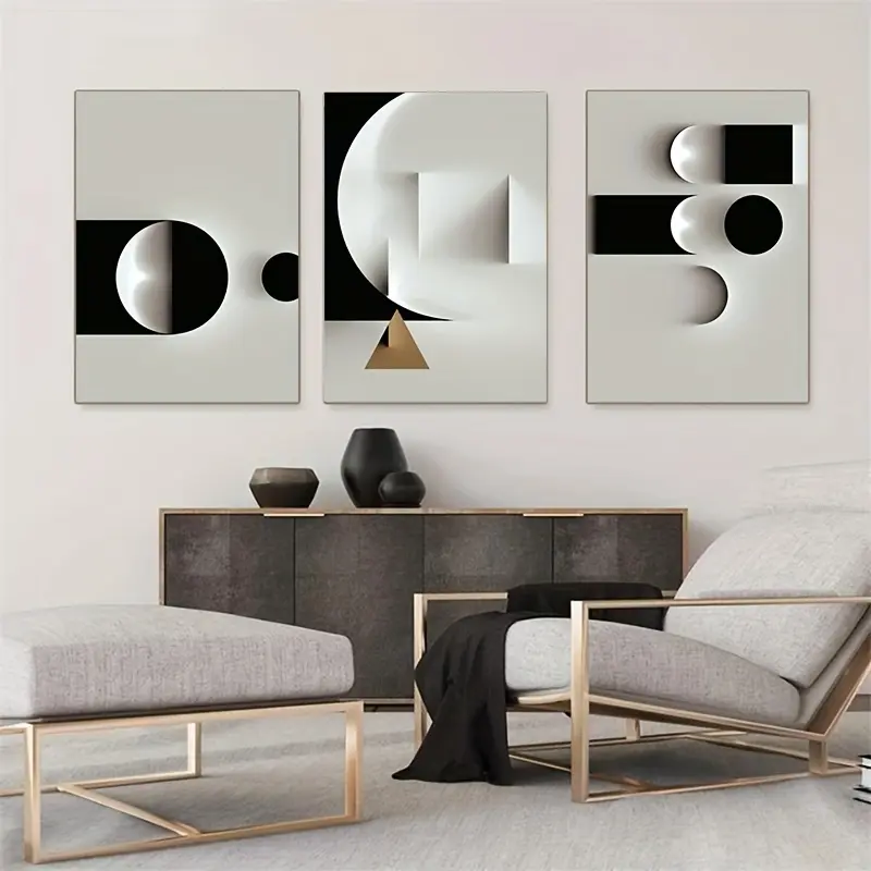 3pcs Artistic Framed Wood Abstract Geometric Canvas Prints - Black and White Minimalist Nordic Home Decor, Eco-Friendly Multi-Size Fade Resistant Wall Art, Living Room Hanging Decoration Gift Idea, Geometric Pattern