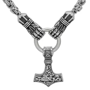 Men's Stainless Steel Gloves King Chain Necklace Nordic Viking Titanium Steel Odin Thor's Hammer Pendant Necklace Viking Men Jewelry