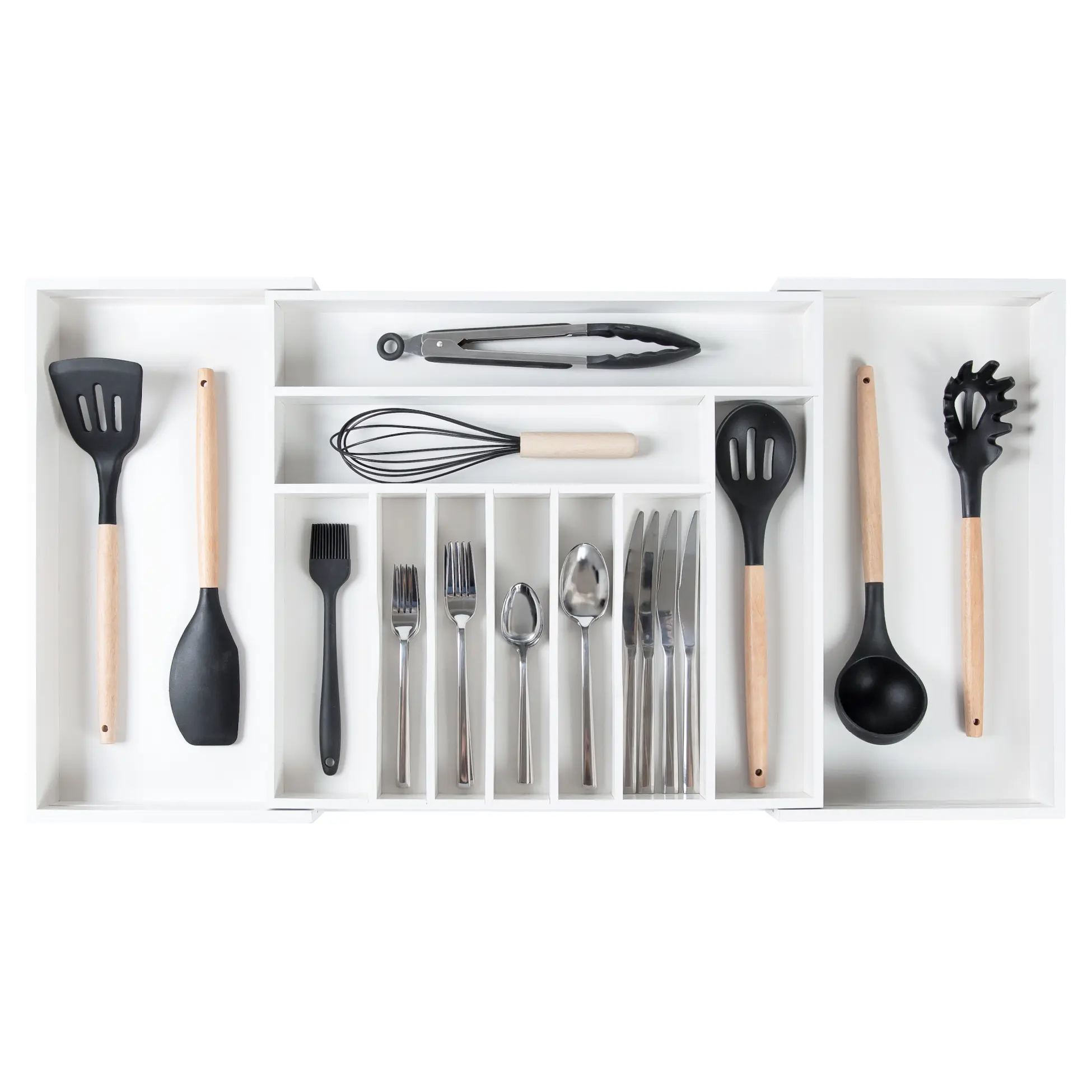 Premium Silverware, Flatware and Utensil Organizer for Kitchen Drawers, Food-Safe Contract Grade, Expandable from 18 to 33 In, White Bamboo Boxes Knives