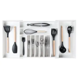 Premium Silverware, Flatware and Utensil Organizer for Kitchen Drawers, Food-Safe Contract Grade, Expandable from 18 to 33 In, White Bamboo Boxes Knives