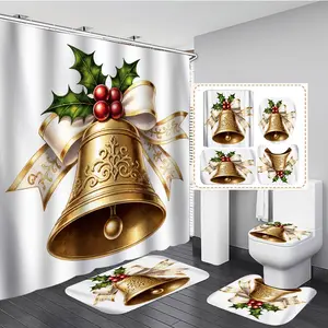 1/3/4PCS Christmas Style Golden Bell with Holly and Ribbon Shower Curtain Set with Rugs, Non Slip Bath Mat, U-Shape Carpet, Toilet Lid Cover, Polyester Fabric Bathtub Curtain Accessories, 12 Hooks, Home Bathroom Festival Decor