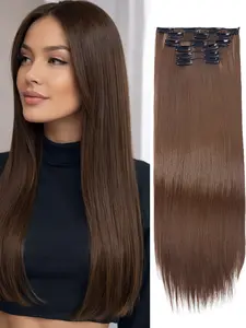 6PC Clip in Hair Extensions 24" Straight Long Extensions for Women Synthetic Soft Hairpieces (Brown)