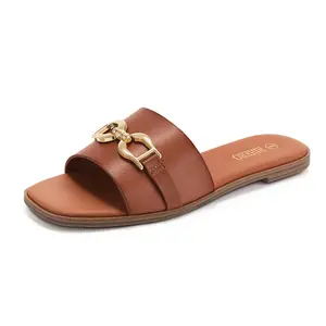 Women's Flat Sandals Summer Comfortable Square Open Toe Slip On Leather Slide Sandals Foot Elegant