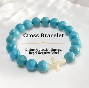 Natural Turquoise Bracelet with White Shell Cross – Healing Crystal Protection & Blessing Bracelet – March Birthstone Beaded Jewelry for Men & Women – Unisex Daily Wear Gift for Mom, Graduation