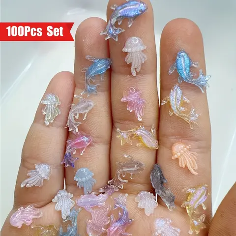 100 Mini Ocean Animal Nail Art Set, Home Nail Art, Cute Kawaii Resin Fish and Jellyfish Flatback Rhinestones, DIY Nail Decorations, Craft Accessories, DIY Crafting, Nail Art Stickers, Nail Art Supplies, Nail Art Products