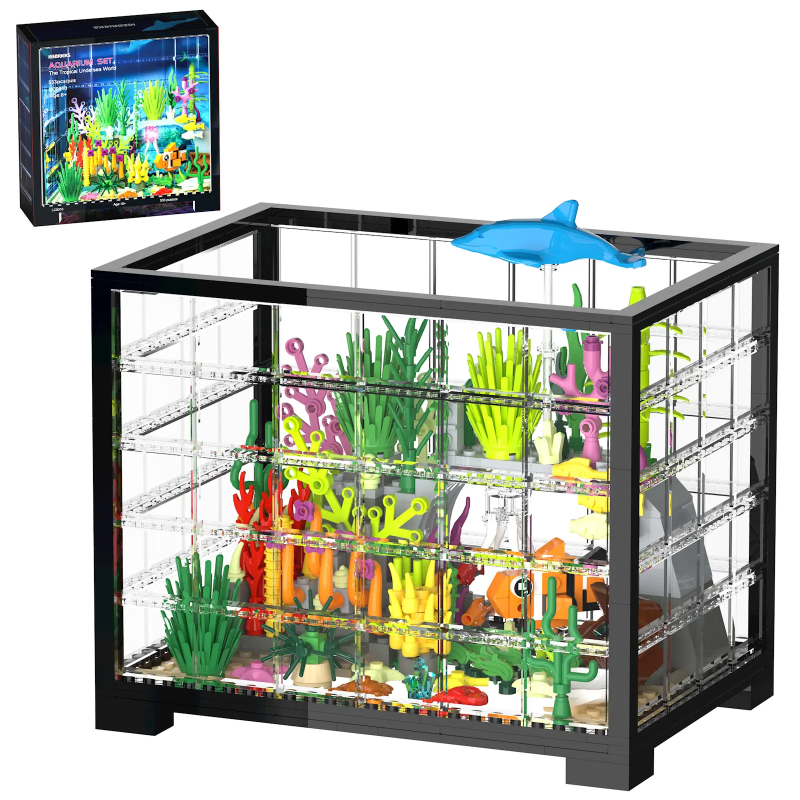 TENHORSES Marine Life Building Block Set with Submarine, Treasure Chest & Artificial Lighting Kit for Kids 6+ Ocean Lover Gift ABS Plastic Decor with Shark, Turtle, Crab & Plants