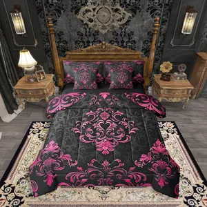 Feelyou 7-Piece Gothic Vintage Damask Floral Quilt Bedding Set - Black & Hot Pink Boho Victorian Baroque Exotic, Machine Washable Multi-Size Sheet Set with Queen Option for Teen Girls