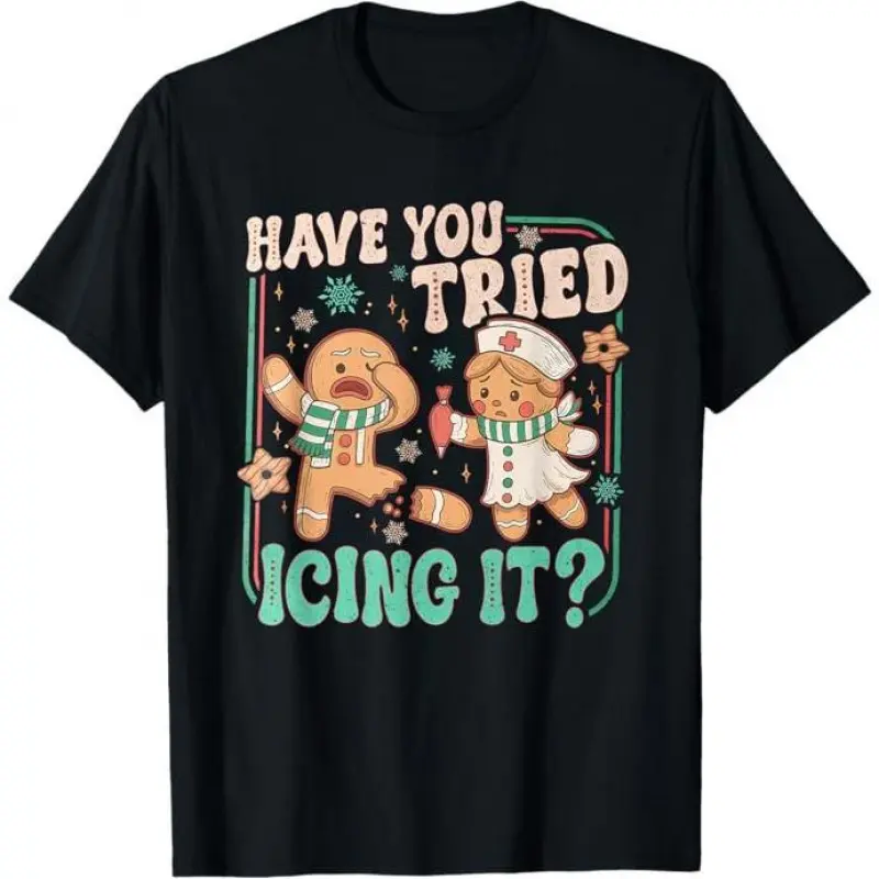 Men's Oversized Cotton Casual Short-Sleeve Menswear T-Shirt, Round Neck, Funny "Have You Tried Icing It?" Gingerbread Christmas Graphic Top Tshirt